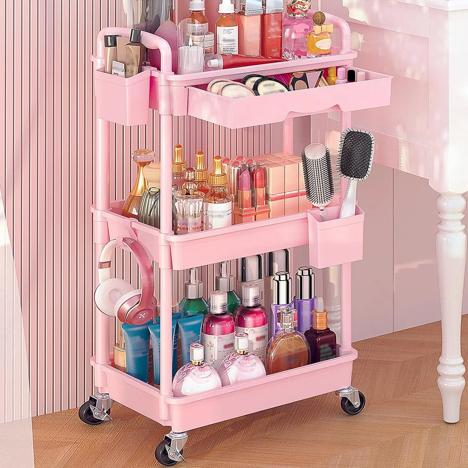 Rolling Makeup Organizer Cart with Removable Drawer, 3 Tier Stable Pink Floor Skincare Storage Cart for Vanity, Cosmetic Display, Nail Polish, Perfume, Hair Stuff, Beauty, Bathroom(Plastic)