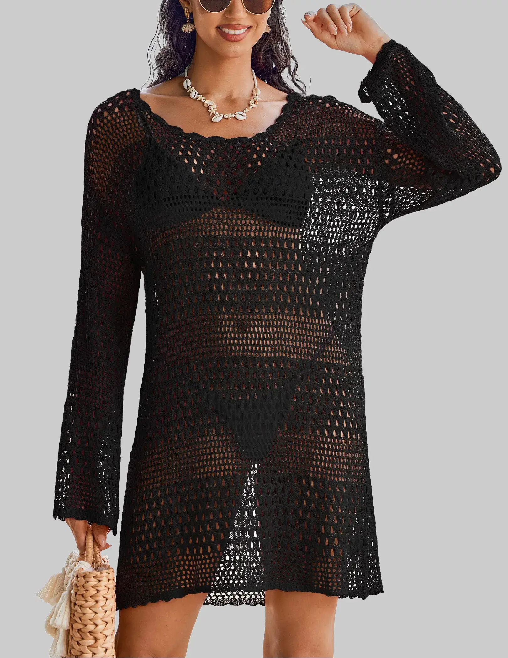 Women’s Crochet Swim Cover Up Knitted Hollow Out Long Sleeve Swimsuit Coverup for Women's Beachwear Summer Fashion summerwins