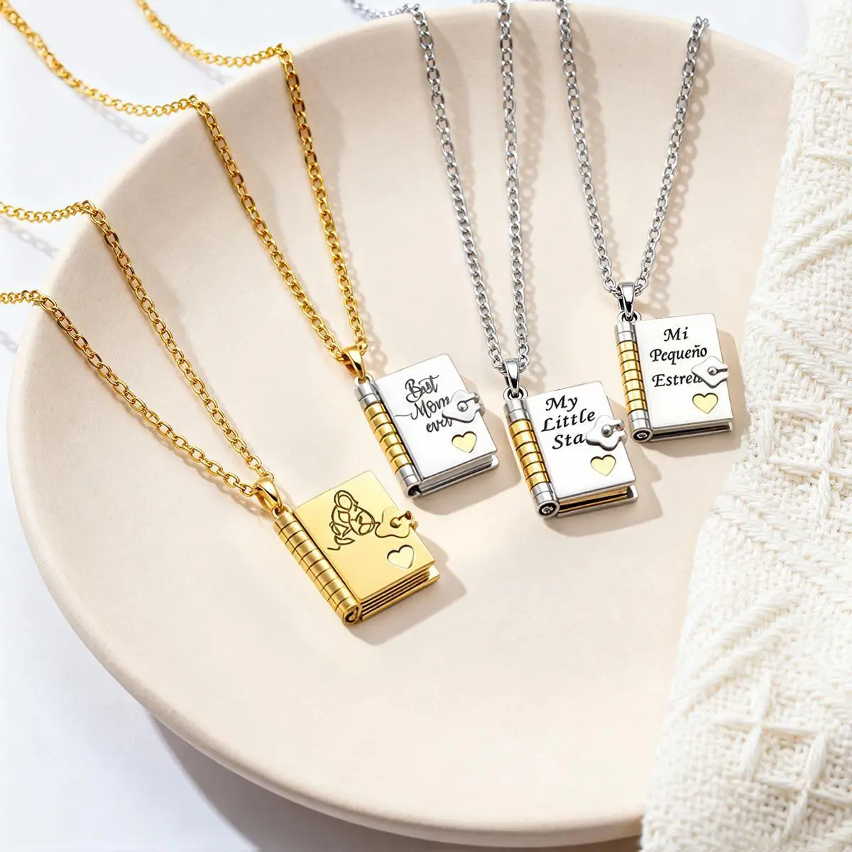 Book Locket Necklace Sliver Plated Gold Sentimental Keepsake for Daughter Mom Granddaughter Birthday Mother's Day Christmas Photo Pendant Adjustable Handmade Engraved with Touching Message, Valentine's Day Gift