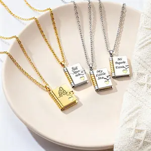 Book Locket Necklace Sliver Plated Gold Sentimental Keepsake for Daughter Mom Granddaughter Birthday Mother's Day Christmas Photo Pendant Adjustable Handmade Engraved with Touching Message, Valentine's Day Gift