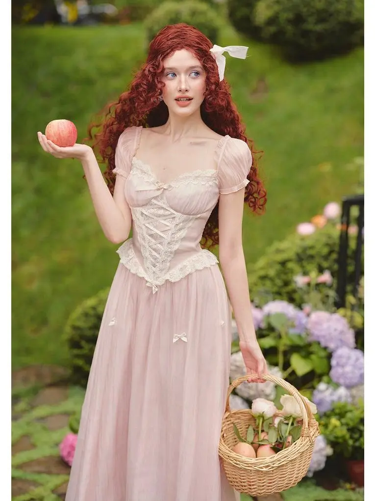 Pink Mist Fairy Corset Dress, Polyester Fabric, Floral Lace Waist, Handcrafted Flower Bow Detail for Feminine Elegance
