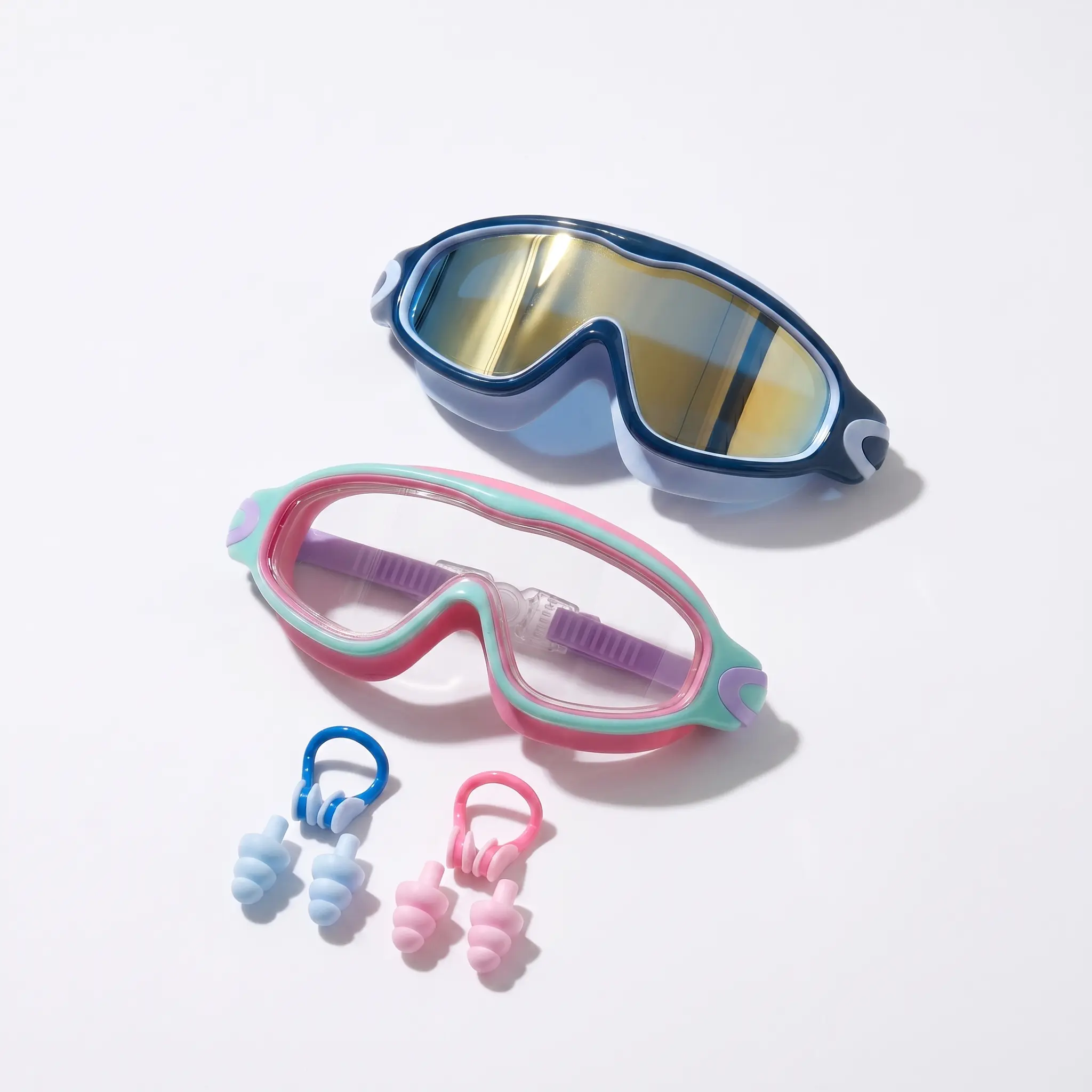 Kids Swim Goggles 2-Pack (Gold Mirror & Clear Lenses) - Anti-Fog, Leak-Proof, Soft Silicone Mask, Wide View, Adjustable - W/ Storage Case, Nose Clips, Earplugs - UV Protection Pool Gear for Ages 3-16 Outdoor Water Summer Fun swimming