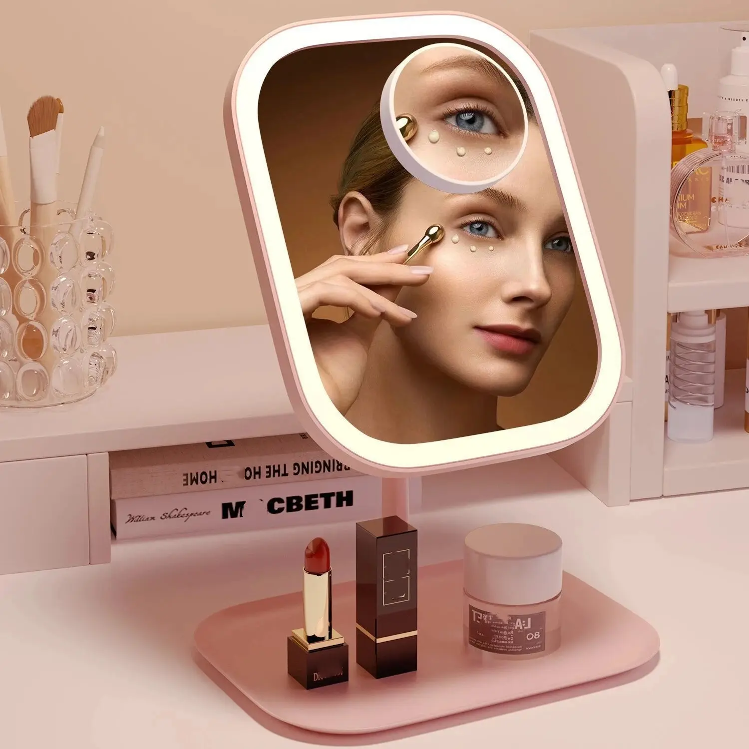 LED Makeup Mirror, Touch Control 3 Light Modes, Rechargeable Portable Vanity Mirror with Stand & Foldable Design