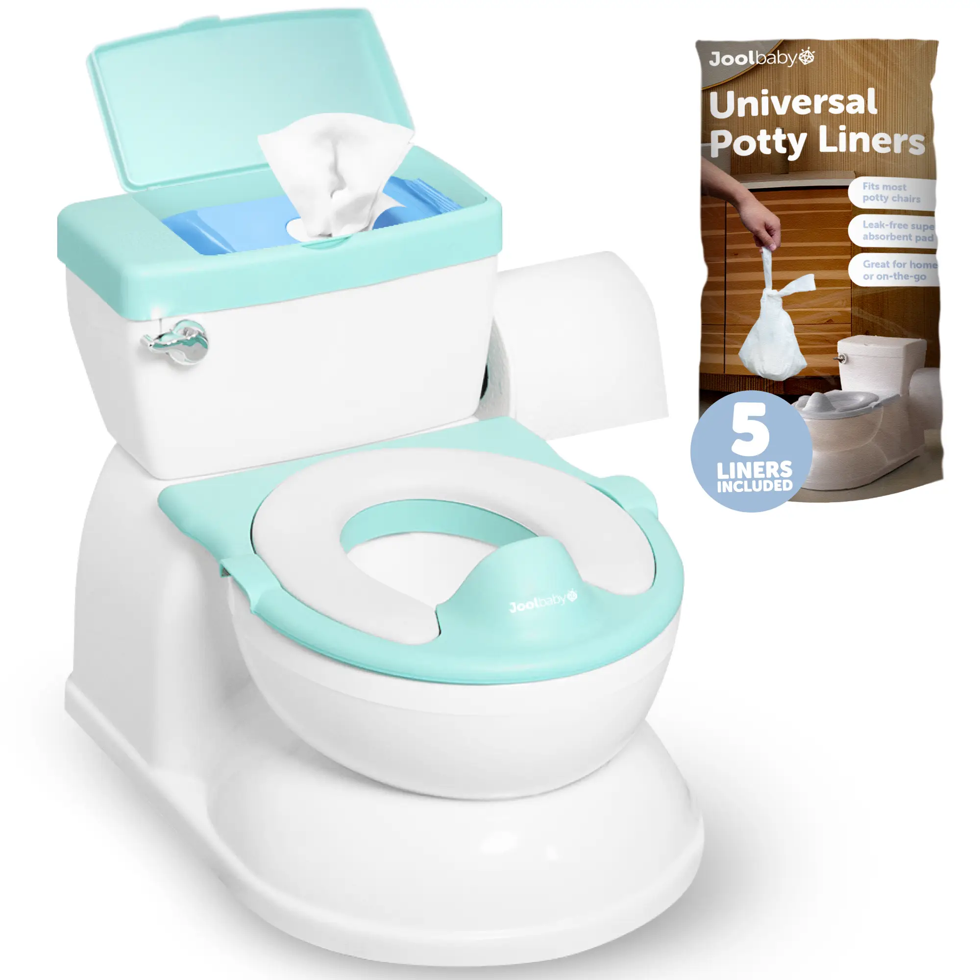 Jool Baby Real Feel 2-in-1 Potty with Wipes Storage, Flushing Sounds, & Disposable Liners - Realistic Toilet- Easy to Clean and Assemble (Aqua)