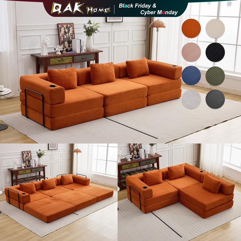 QAK 118" Modular Floor Sofa Bed with Two Cup Holders High-Quality Corduroy Fabric Free Combination Design Premium Sponge Padding Multifunctional for Small Spaces Living Room Mattress