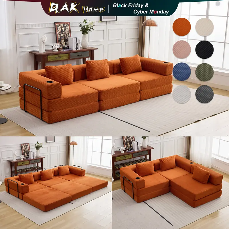 QAK 118" Modular Floor Sofa Bed with Two Cup Holders High-Quality Corduroy Fabric Free Combination Design Premium Sponge Padding Multifunctional for Small Spaces Living Room Mattress