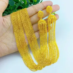 Luxury Charm African 24k Gold Color Tassel Long Dangle Earrings For Women Party Pendant Dubai Necklace Jewelry Ear Accessories