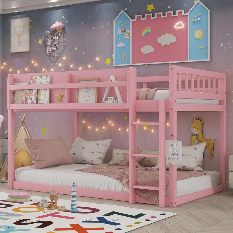 Twin Low Bunk Beds Frame, Wooden Bunk Bed Frame Twin Over Twin, Convertible Floor Bunk Bed with Storage Shelf & Ladder, No Box Spring Needed (Pink) Twin Low Bunk Beds Frame, Wooden Bunk Bed Frame Twin Over Twin, Convertible Floor Bunk Bed with Storage Shelf & Ladder, No Box Spring Needed (Pink)