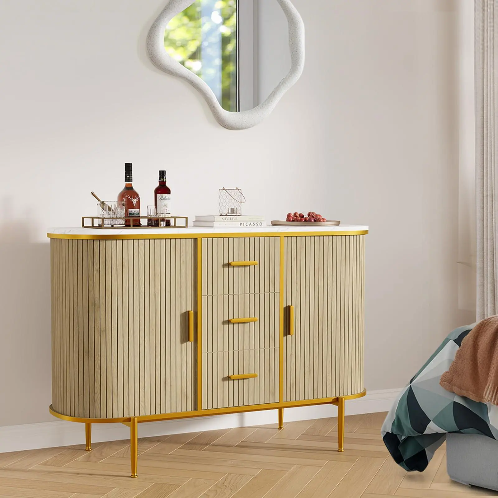 GARVEE 50" Mid Century Fluted Buffet Cabinet, Modern Coffee Bar Console Table with Faux Marble Top & Curved Sliding Doors, Storage Accent Cabinet for Kitchen, Living Room, Entryway