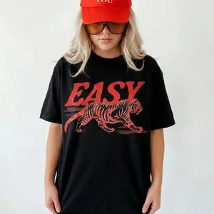 "Easy Tiger Vintage Inspired" Graphic Tee | Trendy Retro Tiger Illustration T-Shirt | Soft Breathable All-Season Fabric | Boho Hippie Casual Aesthetic Gift Women Top