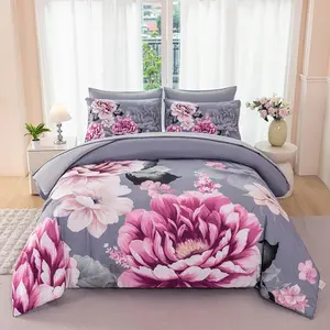 Pink Floral Comforter Set Full Size Gray Bedding Comforter Sets Botanical Flower Bed Sets Colorful Fluffy 7 count Bed in A Bag for Women Adults(Gray, Full)