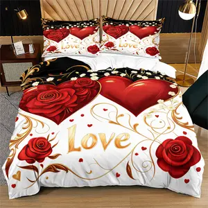 Romantic rose heart print pattern soft and durable bedding duvet set, including 1 duvet cover and 1 or 2 pillowcases, without a core or pillow, suitable for adult gifts, modern style fashionable bedroom bed decoration
