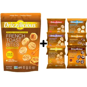 Mini Sized – 0.74 oz Bags – Drizzilicious Cookies & Cream, S’mores, Cinnamon Swirl, Salted Caramel, Birthday Cake & French Toast Bites + Single 4 oz French Toast Bag – 6-Pack Snack-Size Single-Serve Rice Crisps, Healthy Gluten-Free Vegan Treats