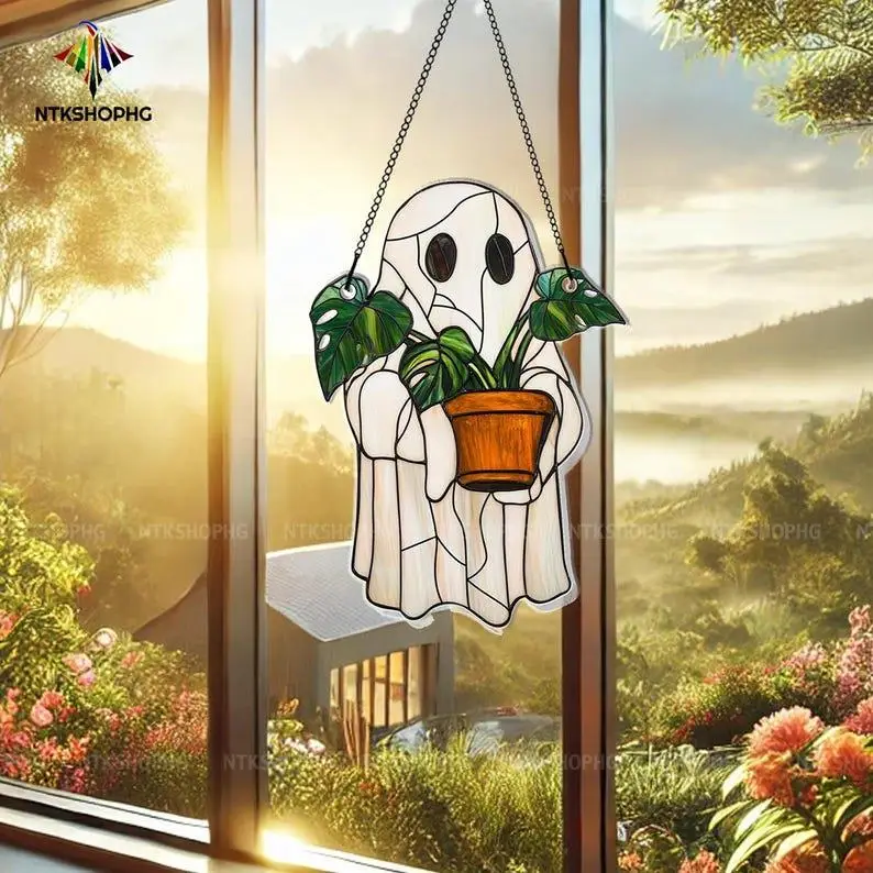 Cute Ghost Plant Suncatcher, Ghost and Monstera Acrylic Ornament, Ghost Plant Hanger, Plant Lovers Gift, Gift For Mom