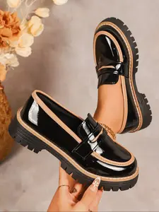 Women's Fashion Slip-On Loafers, Dress Loafers, Office Shoes, British Style Thick Sole Leather Shoes, Comfortable Walking, Suitable for Daily Wear & Parties