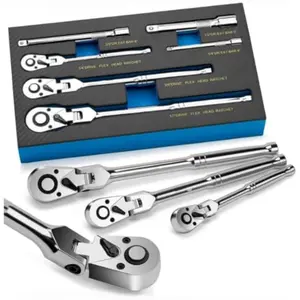 6-Piece Flex Head Ratchet Set, 1/4", 3/8", 1/2" Drive, Swivel Head Ratchet Wrench with Extension Bar, 72 Tooth, 180° Adjustable, Quick-Release, Flexible Ratchet Handle with EVA Foam