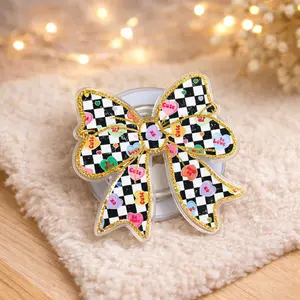 Cute Checkerboard Bow MagSafe Phone Grip, Coquette Magnetic Pop Socket Kickstand for iPhone, Girly Aesthetic Phone Accessory