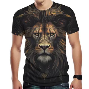 Unisex 3D Print Majestic Lion Head T-Shirt, Artistic Dark & Golden Lion Graphic, Casual Streetwear for Men & Women, Perfect for Daily Wear, Outdoor Adventures, Trendy Animal-Themed Tee