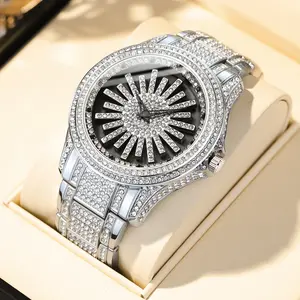 Men’s 46mm Rotating Dial Iced Out Watch Full Diamond Bustdown Hip Hop Luxury Bling Statement Oversized Quartz Wristwatch Stainless Steel