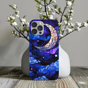 Celestial Stained Glass Moon And Stars Phone Case, Faux Stain Glass Starry Night Phone Cover, Space Lovers Dream, Magsafe Phone Cases  For IP X 11 12 13 14 15 16 S21 S22 S23 S24 S25-Ultra Series