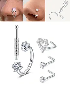 316L Stainless Steel 18G/20G Horseshoe Nose Rings With Double Heart CZ, L-Shaped Nose Studs, Assorted Nose Rings For Women & Girls, Nose Piercing Jewelry, Non Tarnish Jewelry