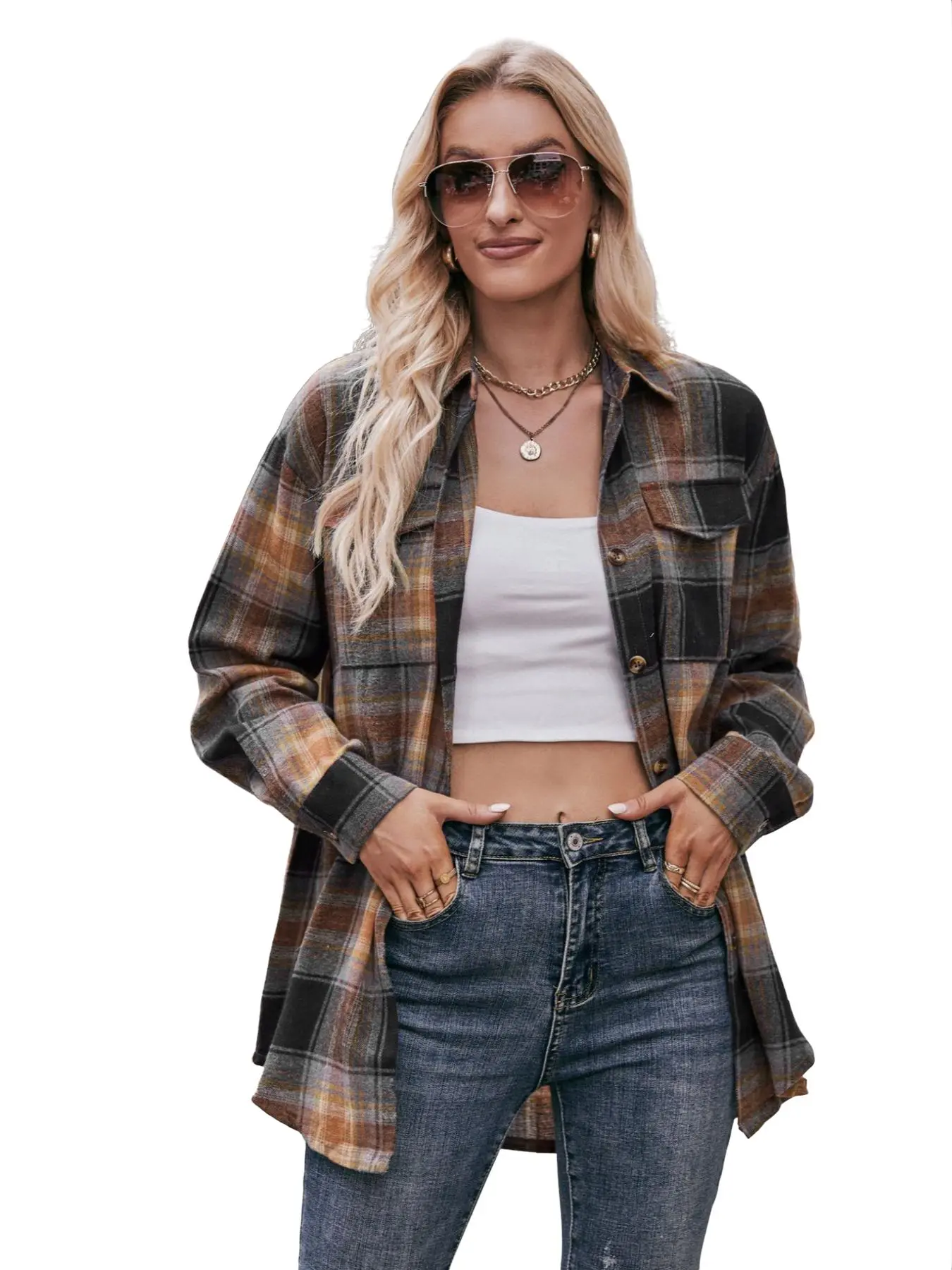 Women's Tartan Print Button Front Pocket Collared Shirt Blouse, Womenswear, Casual Drop Shoulder Long Sleeve Fabric Top for Fall & Winter, Women's Clothes for Daily Wear