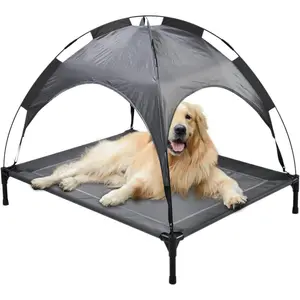 Outdoor Dog Bed with Canopy, Portable Canopy Dog Cot, Elevated Pet Cot, Removable Canopy, UV Resistant, Gray, 33.5" L x 33.5" W x 41.3" H
