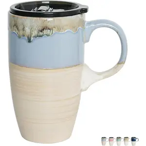 Ceramic Travel Coffee Mug with Handle and Lid, 18 oz, Portable Coffee Cup for  Cup Holder, Microwave and Dishwasher Safe, Reactive  (Light Blue)