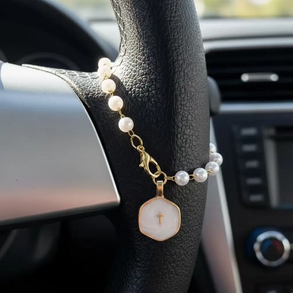 Car Steering Wheel Rosary Religious Car Steering Wheel Suspension Accessories for Car Decoration; Cross Suspension Accessories for Women Men