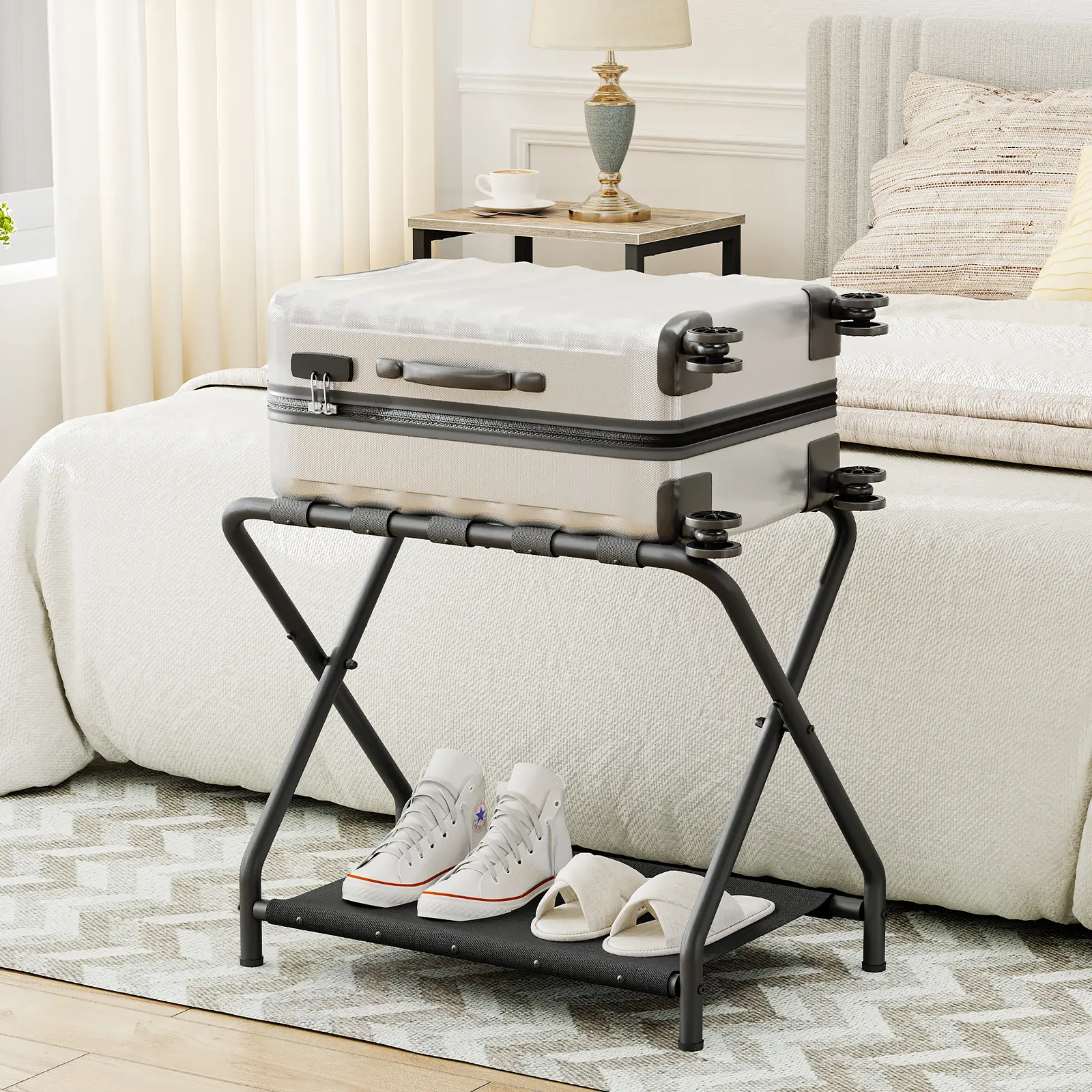 HOOBRO Metal Foldable Luggage Rack, Suitcase Stand with Fabric Storage Shelf for Guest Room, Bedroom, Hotel, Holds 100 lb, Luggage OrganiZer #SummerVibes
