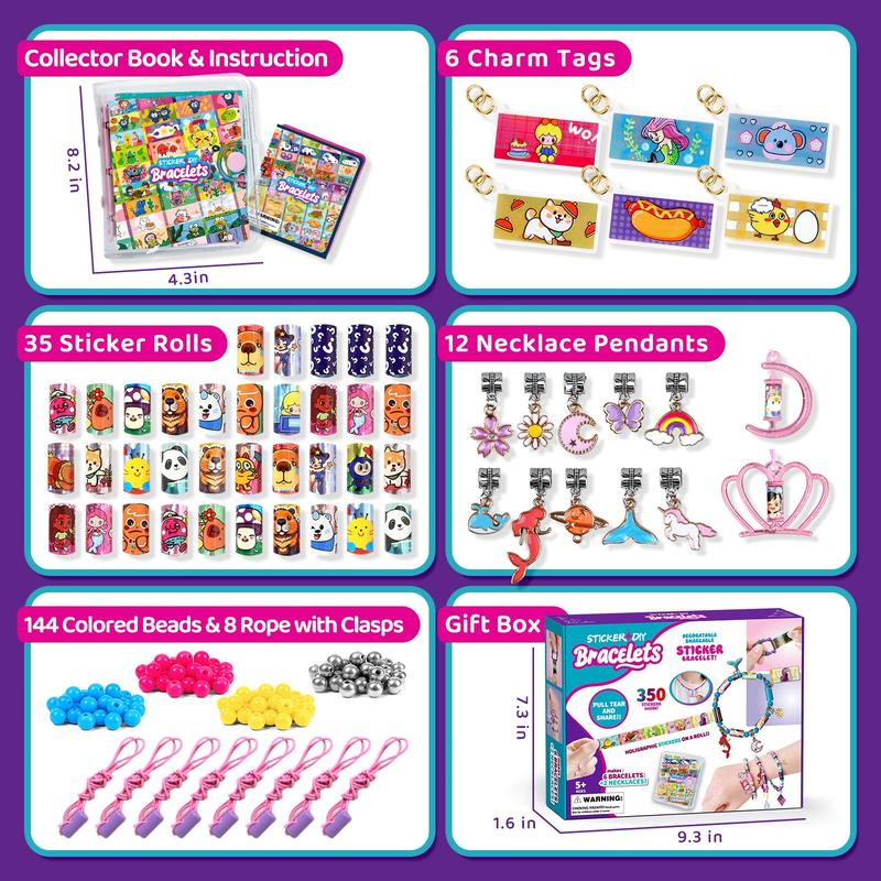 350 DIY Sticker Bracelet Kit with 12 Charms, Colorful Beads, Collectible Book, Jewelry Making Craft Set for Fun and Creativity, Creative Craft Kit