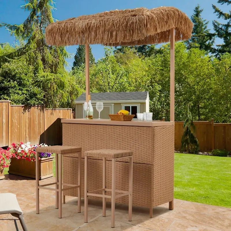Outdoor Tiki Bar Set, Wicker Patio Bar w/2 Stools, Storage Shelf for Backyard Poolside Garden, Beige Outdoor Tiki Bar Set, Wicker Patio Bar w/2 Stools, Storage Shelf for Backyard Poolside Garden, Beige