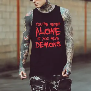 Men's Cotton Graphic Tank Top - "You're Never Alone If You Have Demons" Print, Round Neck, Vintage Inspired, Slim-Fitting, Lightweight Medium-Length Fabric, Classic Menswear Undershirt, Graphic Men's Tanks