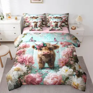 Highland Cow Comforter Set with Sheets,Pink Vintage Retro Floral 7 Piece Bedding Set,Rustic Country Wild Animals Bed in a Bag,Rustic Butterfly Flowers Plant Decor,Pink Room Decor