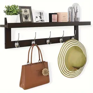 Wall-Mounted Coat Hook with Shelf, 29.13-Inch Porch Outer Cover Rack, Bamboo Hanger with 5 One Double Metal Hook, Suitable for Bathroom, Bedroom, Kitchen, Living Room, Mud Room (Dark Brown)