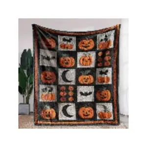 Cozy Halloween Patchwork Throw Blanket with Pumpkins, Bats & Moons
