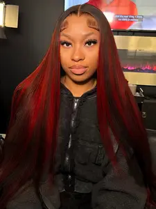 Black Red Highlight 13x4 Lace Front Wig Skunk Stripe Highlight Straight Synthetic Wig Free Part Pre Plucked Natural Hairline  Red Concert Look Straight Wig Coachella Festival Look 28 Inches