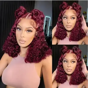 13x4 Curly Human Hair Wig 180% Density HD Lace Front Wigs Human Hair for Women  Pre Plucked Wet and Wavy Deep99J Burgundy Bob Wig Human Hair   Curly Red Bob Wigs  Human Hair Wig 12 Inch