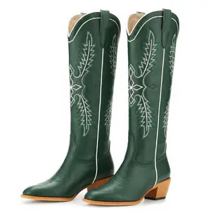 LUNETTA Women's Cowboy Boots Mid Calf Cowgirl Western Embroidered Suede Pull On Almond Toe Chunky Heel Green Synthetic Leather Comfortable All-Season City Boots