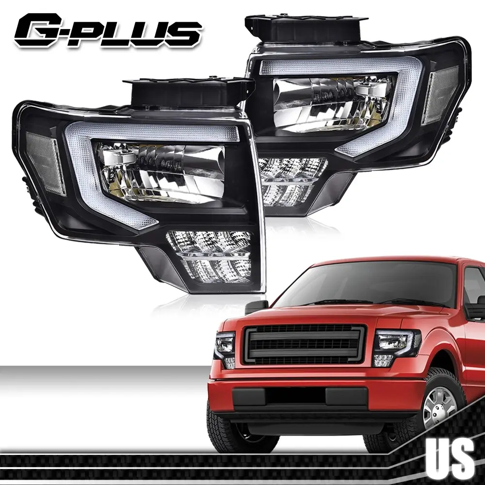 G-PLUS LED DRL Headlight Assembly Pair, Driver & Passenger Side Headlights for 2009-2014 Ford F150 F-150 Truck
