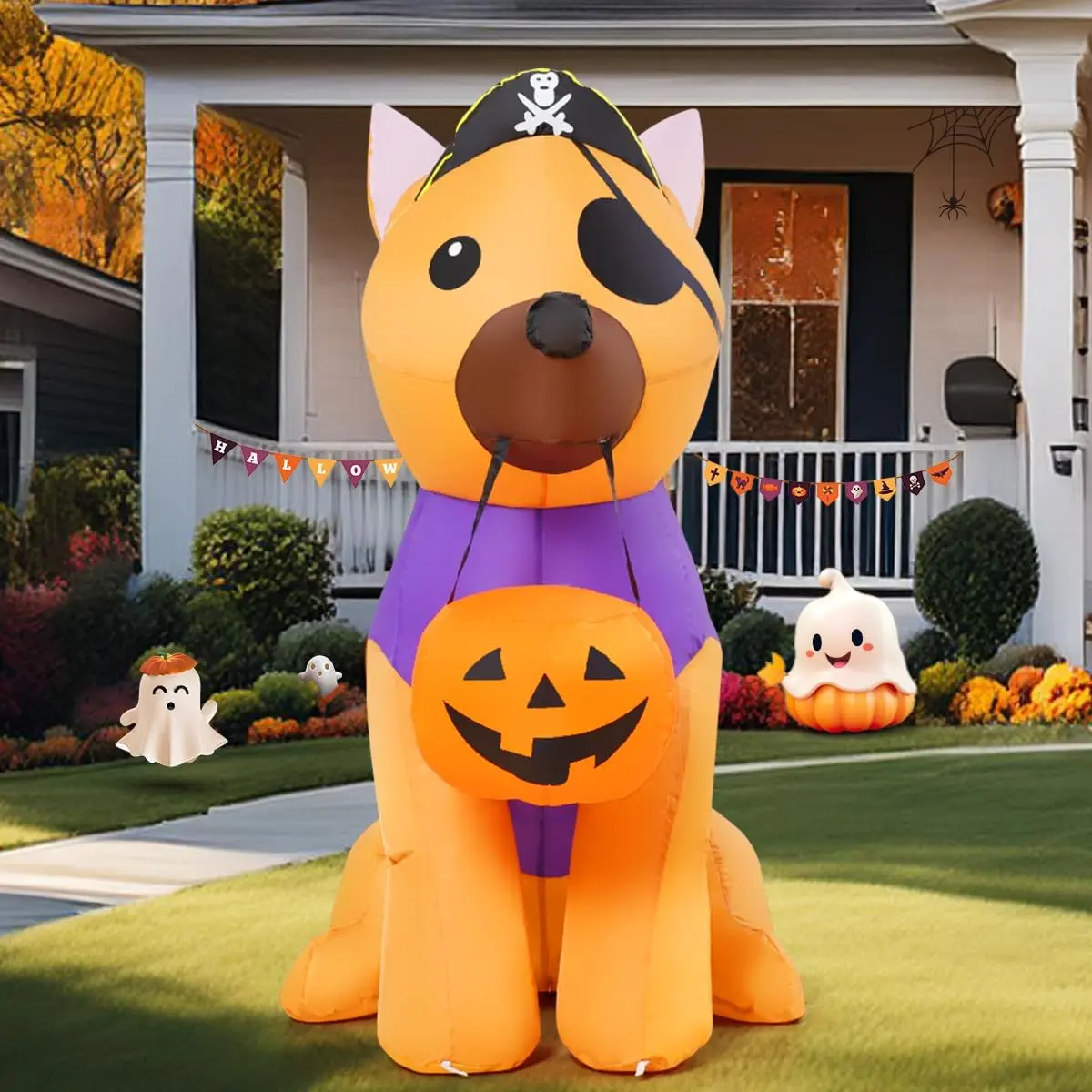 COMIN 5.2 FT Halloween Inflatables Dog Outdoor Decorations Pirate Dog Picking Pumpkin Blow Up Yard Decoration with Built-in LED for Garden Party Lawnspooky season decor, spooky yard decor, halloween yard decor, halloween gift for him and her, 2026 gift
