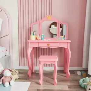 JOYMOR Kids Vanity Set with Mirror, 2 in 1 Princess Makeup Dressing Table and Stool Set with Drawer, Solid Toddler Vanity Table w/Detachable Top, Girls Pretend Play Vanity Set for Kids Age 3-9