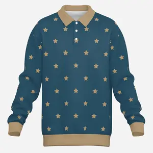 Men's Teal Star Print Knit Polo Shirt | Retro Blue Long Sleeve Shirt with Star Pattern | Knit Polo,Teal Polo Shirt Men,Knit Star Print Shirt