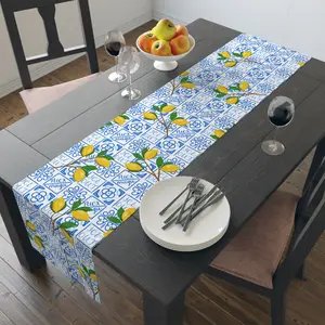 Amalfi Lemon and Blue Tile Pattern Table Runner | Mediterranean Ceramic Blue Motif, Cotton-Poly Blend