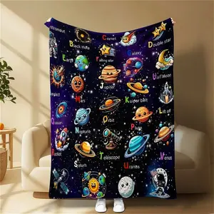 Cute Space-Themed Flannel Blanket with Planets & Rockets Design, Cozy Throw Kids' Room