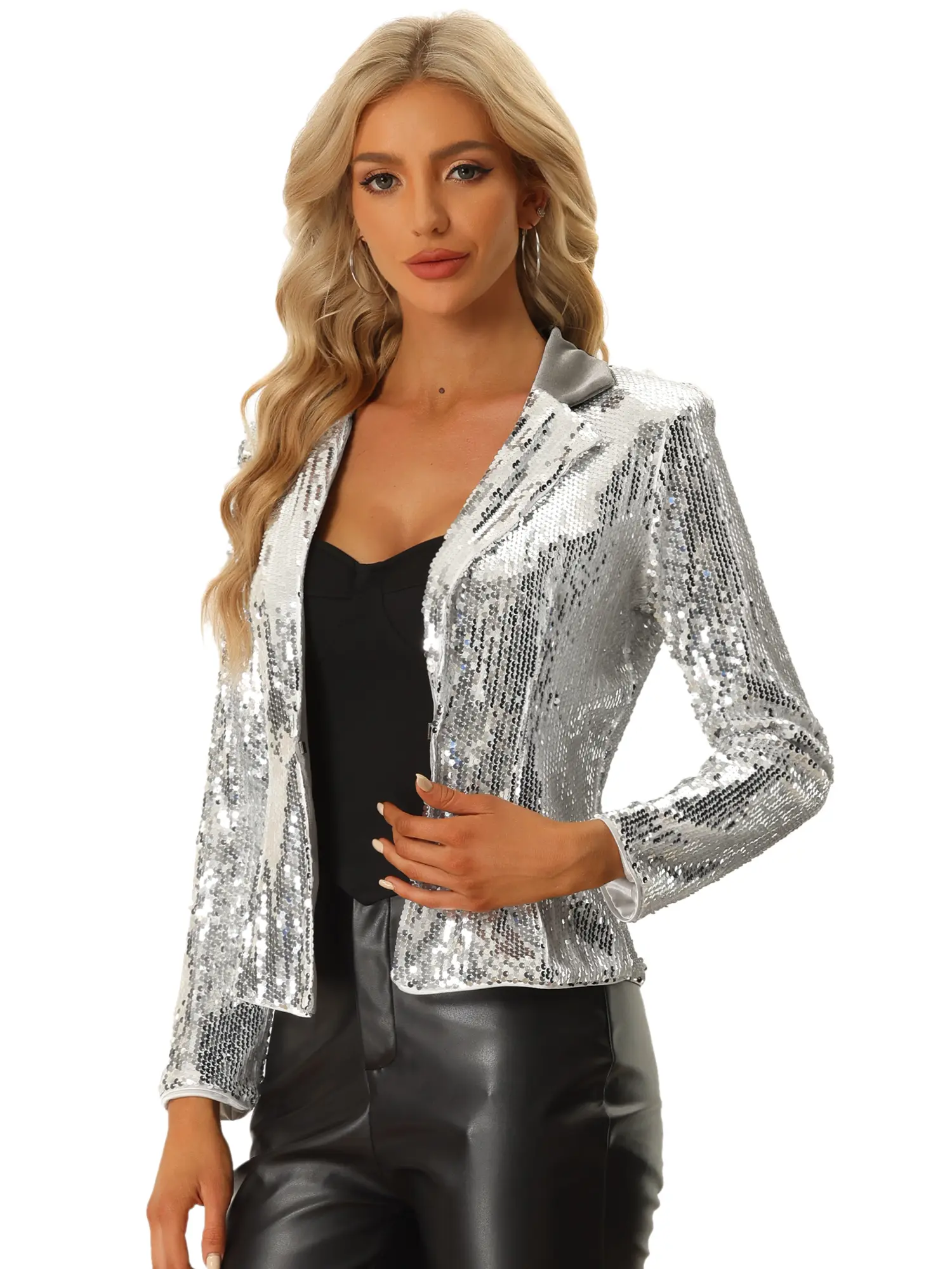 INSPIRE CHIC Contrast Collar Metallic Shiny Sequin Jacket