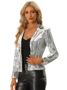 INSPIRE CHIC Contrast Collar Metallic Shiny Sequin Jacket