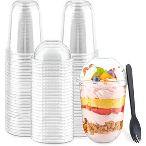 50 Pack 16 oz Plastic Dessert Cups with Dome Lids (No Hole) and Sporks, Clear Disposable Fruit Cups with Lids for Yogurt Parfait Ice  Pudding Cakes