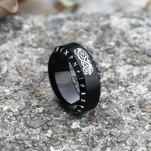 GTHIC Viking Runes Etched Norse Dragon Stainless Steel Unisex Statement Band Ring - Hypoallergenic Finger Jewelry, Eco-Friendly Men's Accessories, Accessories Adults, Rings for Women, Daily Tough Gift