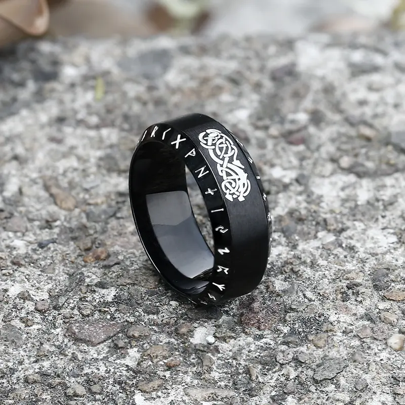 GTHIC Viking Runes Etched Norse Dragon Stainless Steel Unisex Statement Band Ring - Hypoallergenic Finger Jewelry, Eco-Friendly Men's Accessories, Accessories Adults, Rings for Women, Daily Tough Gift